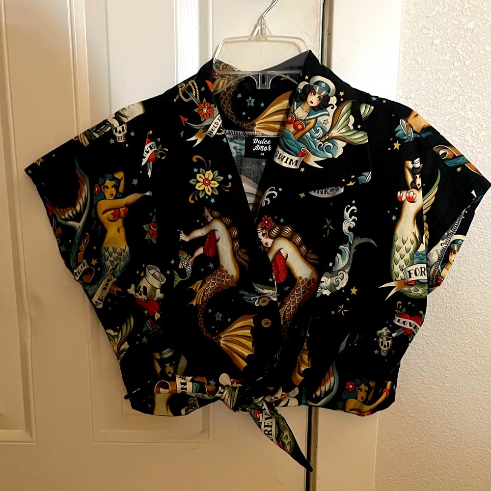 Bettie Page Black Tattoo Print Blouse